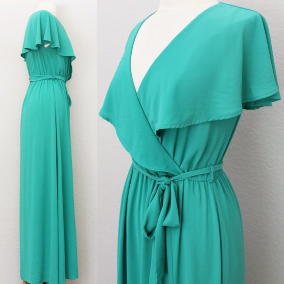 Vici Lost in the Moment Maxi Dress Cape Surplice Wrap V Neck Slit Green S $68 - Picture 5 of 12